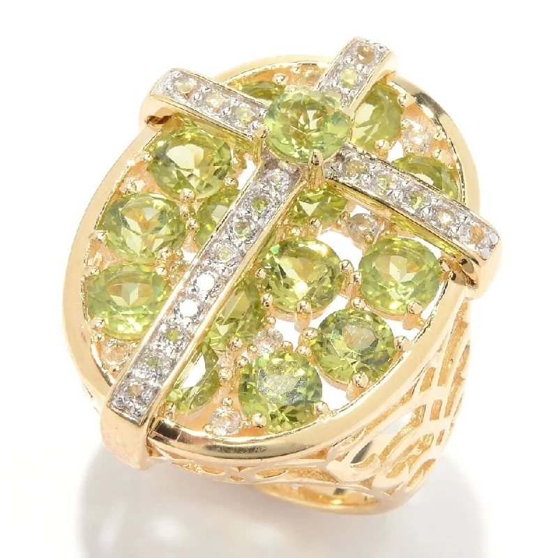 Flex hinge ring-18K Yellow Gold Over Silver 4.9Ctw Peridot & White Topaz Cross Cluster Ring