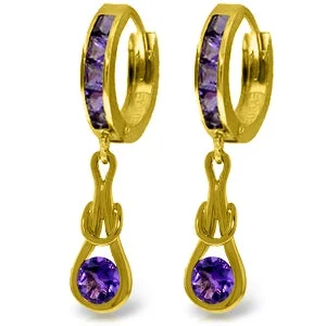 Iris flower earrings-2.15 Carat 14K Solid Yellow Gold Huggie Earrings Dangling Amethyst