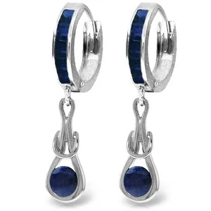 Birch bead earrings-2.6 Carat 14K Solid White Gold Huggie Earrings Dangling Sapphire