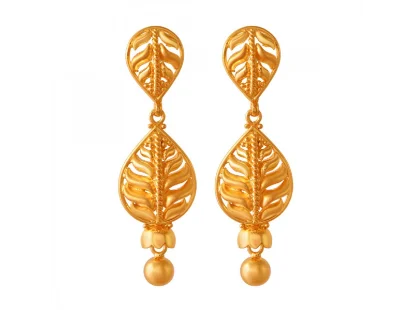 Hammered bar earrings-22k Gold Drop Earrings With Entrancing Leafy Details