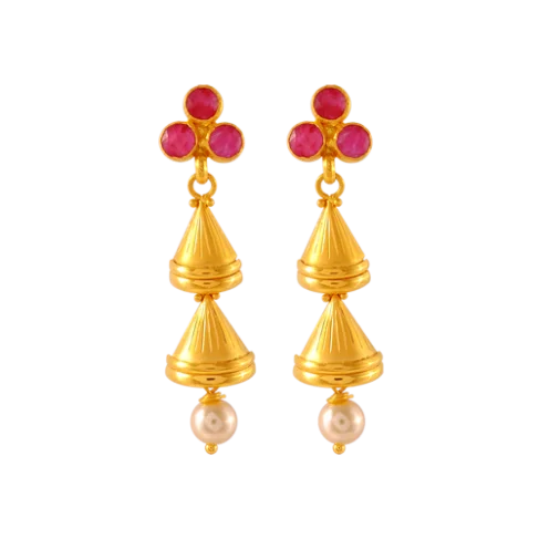 Hammered bar earrings-22k Gold Drop Earrings With Pearl And Meenakari Detailing