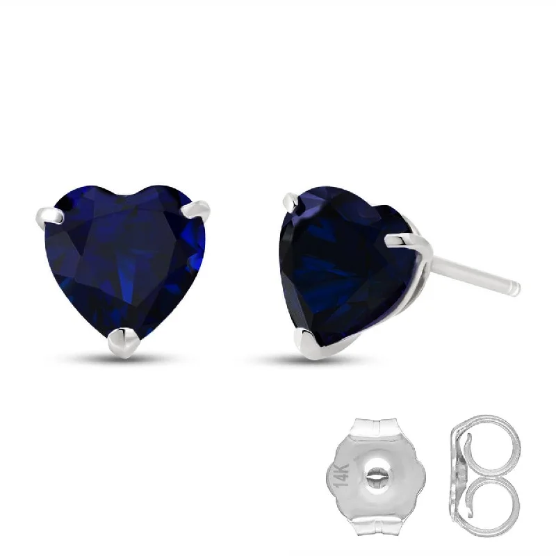 Iris flower earrings-3.1 Carat 14K Solid White Gold Stud Earrings Natural Heart Sapphire