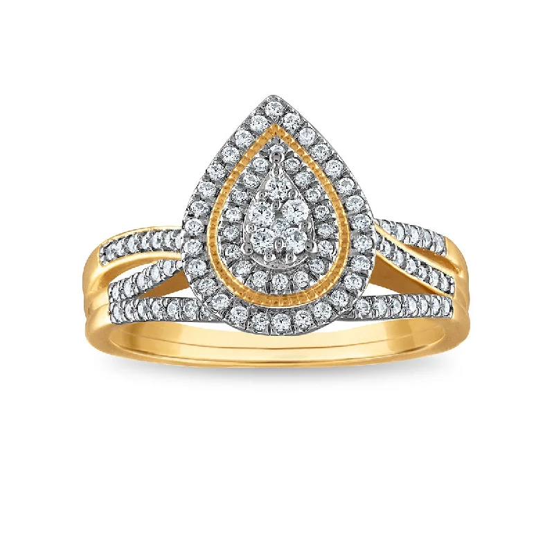 Fossil relic ring-3/8 CTW Diamond Halo Cluster Pear Shaped Bridal Set in 10KT Yellow Gold