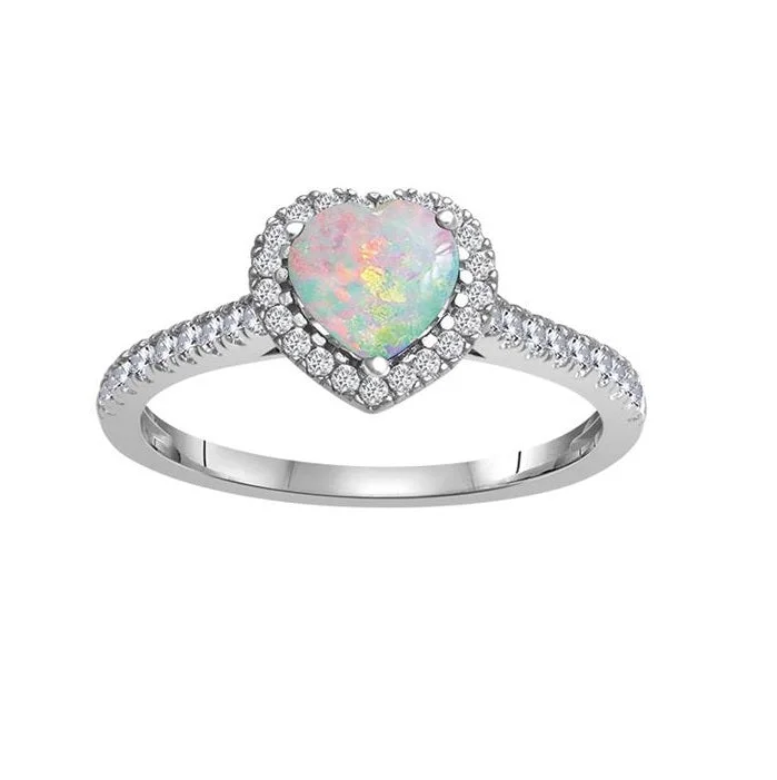 Carved groove ring-6MM Heart Shape Opal and White Sapphire Birthstone Heart Halo Ring in 10KT White Gold