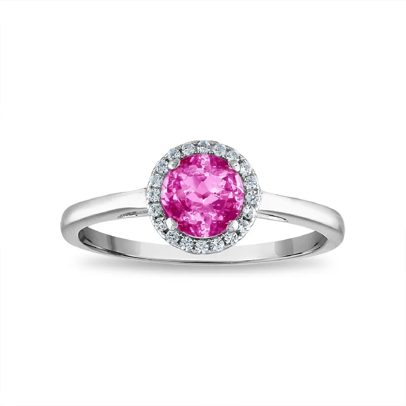 Nailed design ring-6MM Round Pink Sapphire and White Sapphire Birthstone Halo Ring in Sterling Silver