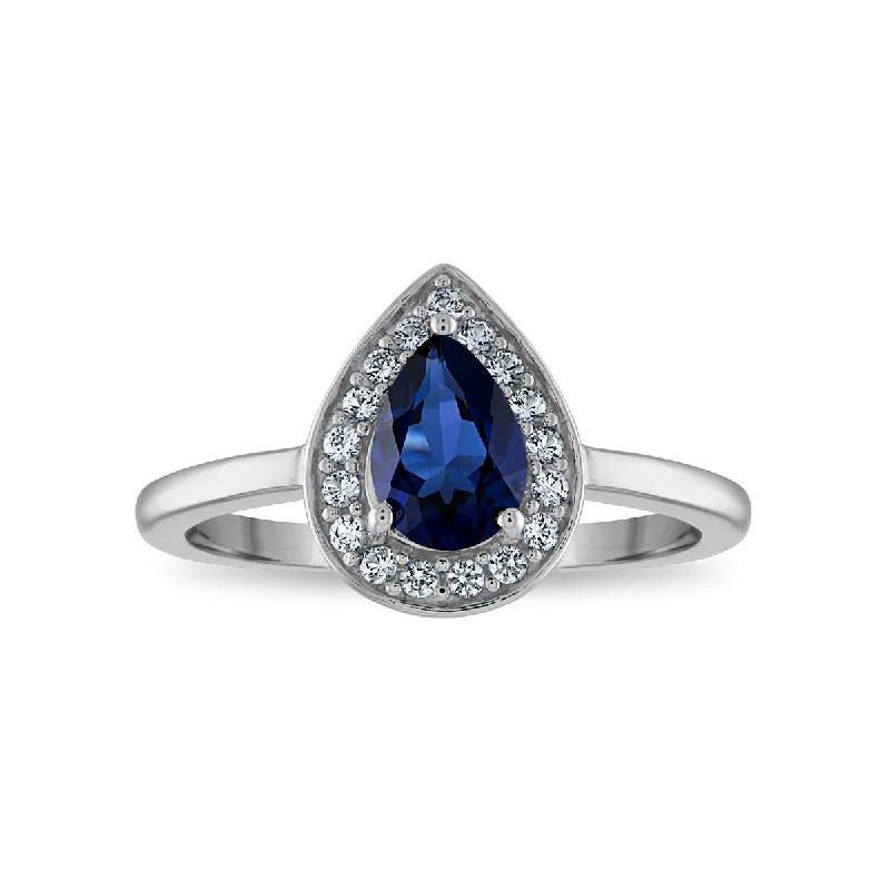 Savanna grass ring-7X5MM Pear Ceylon Sapphire and White Sapphire Halo Ring in Rhodium Plated Sterling Silver