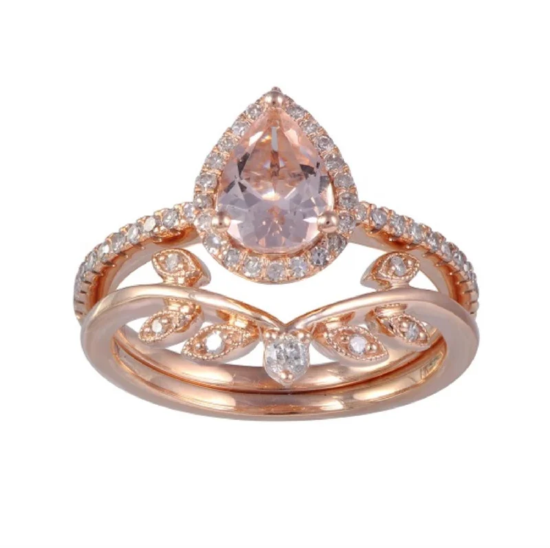 Granite shard ring-8X6MM Pear Morganite and Diamond Bridal Set Ring in 10KT Rose Gold