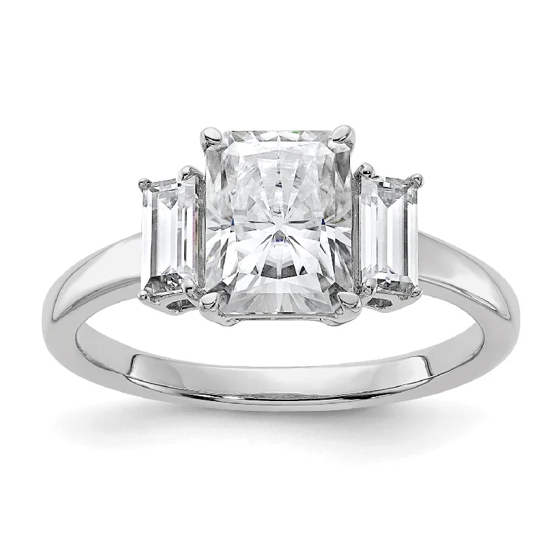 Toned hue ring-8X6MM Princess Cut Moissanite and Moissanite Three Stone Ring in 14KT White Gold; Size 7