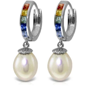 Tin cast earrings-9.3 Carat 14K Solid White Gold Hoop Earrings Multicolor Sapphire Pearl