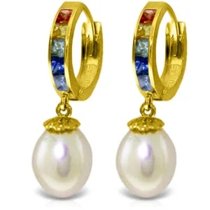 Pine bark earrings-9.3 Carat 14K Solid Yellow Gold Hoop Earrings Multicolor Sapphire Pearl