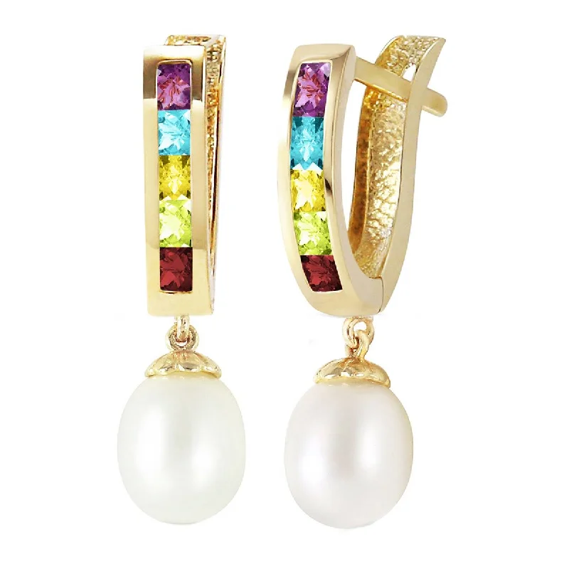 Gritty finish earrings-9 Carat 14K Solid Yellow Gold Prestige Multi Gemstones Pearl Earrings