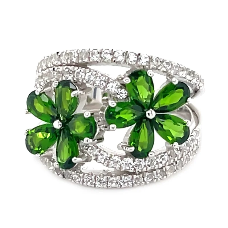 Oat stem ring-925 Sterling Silver Chrome Diopside and Created White Sapphire Gemstone Flower Ring