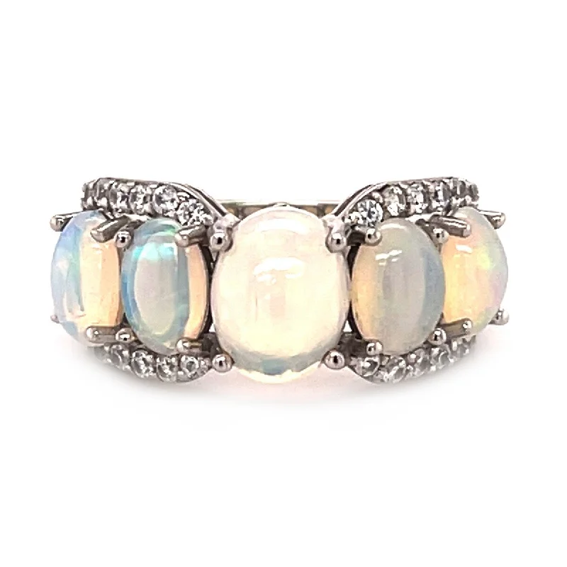 Embossed design ring-925 Sterling Silver Ethiopian Opal and White Natural Zircon 5-Stone Ring