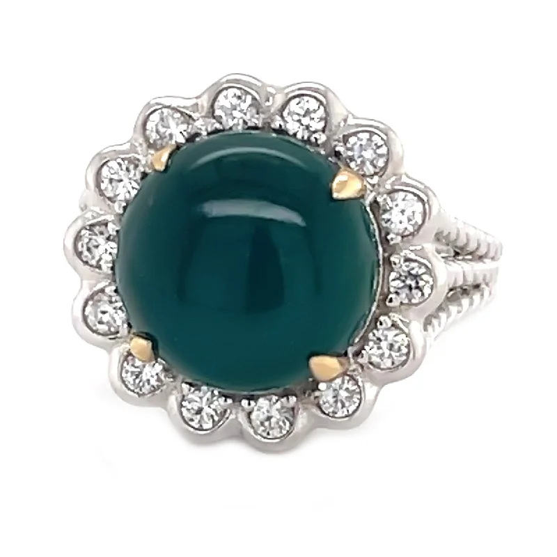 Cotton braid ring-925 Sterling Silver Green Agate and White Natural Zircon Ring