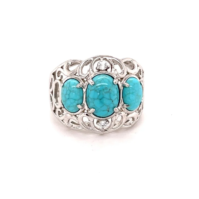 Mosaic stripe ring-925 Sterling Silver Mine#8 Turquoise and White Zircon 3-Stone Ring