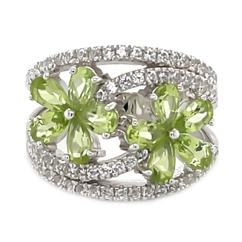 Birch bead ring-925 Sterling Silver Peridot and Created White Sapphire Gemstone Flower Ring