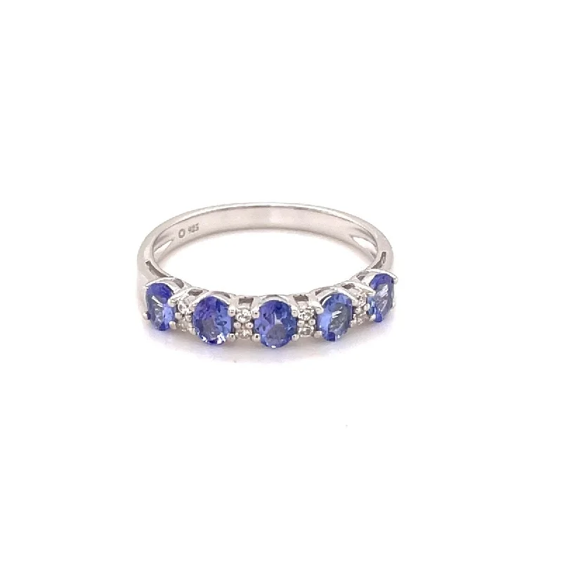 Baroque flair ring-925 Sterling Silver Tanzanite and White Natural Zircon 5-Stone Ring