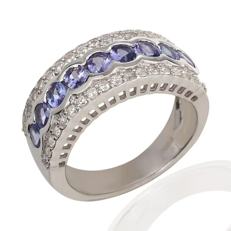 Baroque flair ring-925 Sterling Silver Tanzanite And White Natural Zircon Band Ring