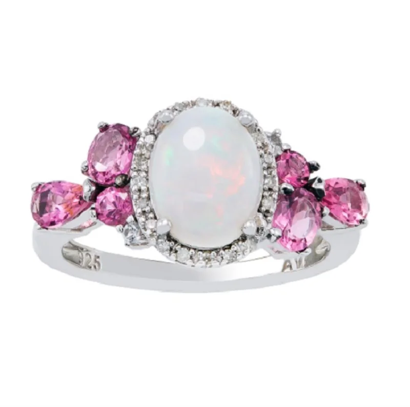 Ridge crown ring-9X7MM Oval Opal and Pink Sapphire Gem Stone Halo Ring in Sterling Silver