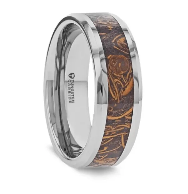 Linen weave ring-ABBA Polished Tungsten Wedding Band with Sanskrit Stone Inlay Polished Edges - 8mm