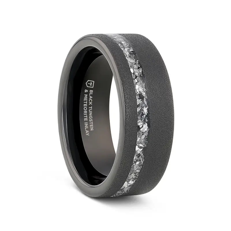 Iris flower ring-ABYSS Sandblasted Black Tungsten Ring with Meteorite Fragments Inlay - 8mm