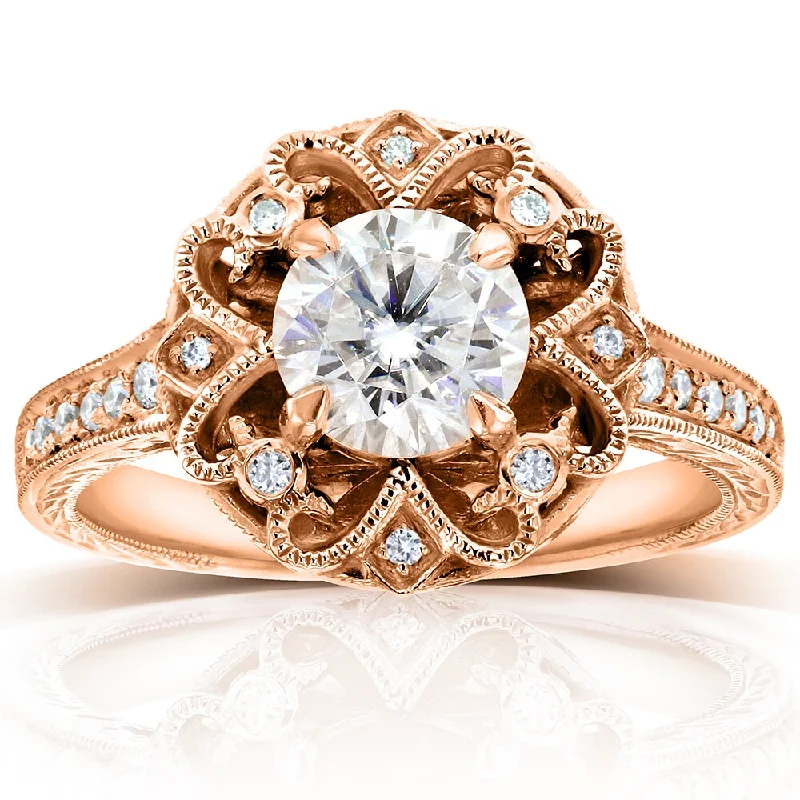 Skewed gem ring-Annello by Kobelli 14k Rose Gold 1 1/5ct TGW Forever One Moissanite and Diamond Antique Floral Extravagant Engagement Ring