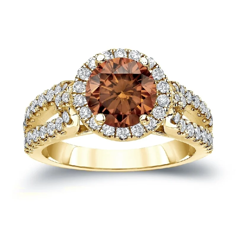 Spectral set ring-Auriya 1 1/2ctw Round Brown Diamond Halo Engagement Ring 14k Gold