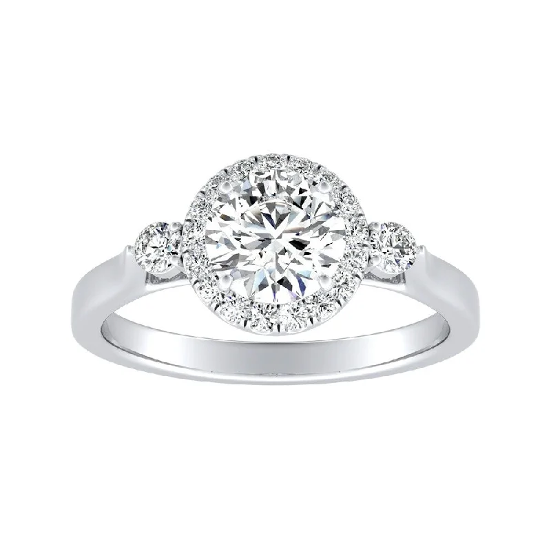 Hazy dawn ring-Auriya 3-Stone 2ct Round Moissanite and 1/4ct TDW Diamond Halo Engagement Ring 14K Gold (G-H, VS1-VS2)