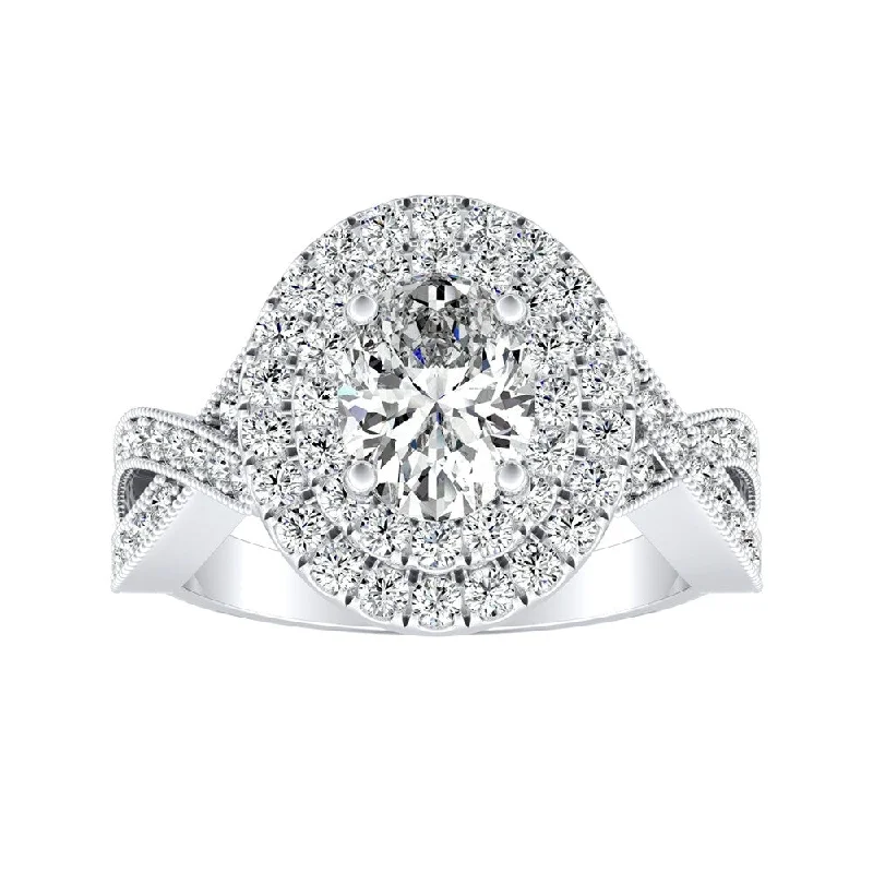 Brushed band ring-Auriya Platinum 1 5/8ctw Vintage Oval-cut Halo Diamond Engagement Ring - White (H-I, SI1-SI2) - White H-I