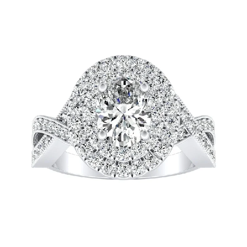 Shining spark ring-Auriya Platinum Vintage Oval-cut 1ctw Double Halo Diamond Engagement Ring (H-I, SI1-SI2) - White H-I