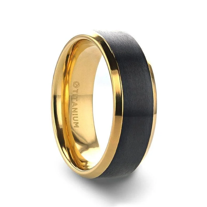 Hooked clasp ring-BEAUMONT Gold Plated Titanium Polished Beveled Ring with Brushed Black Center - 8mm