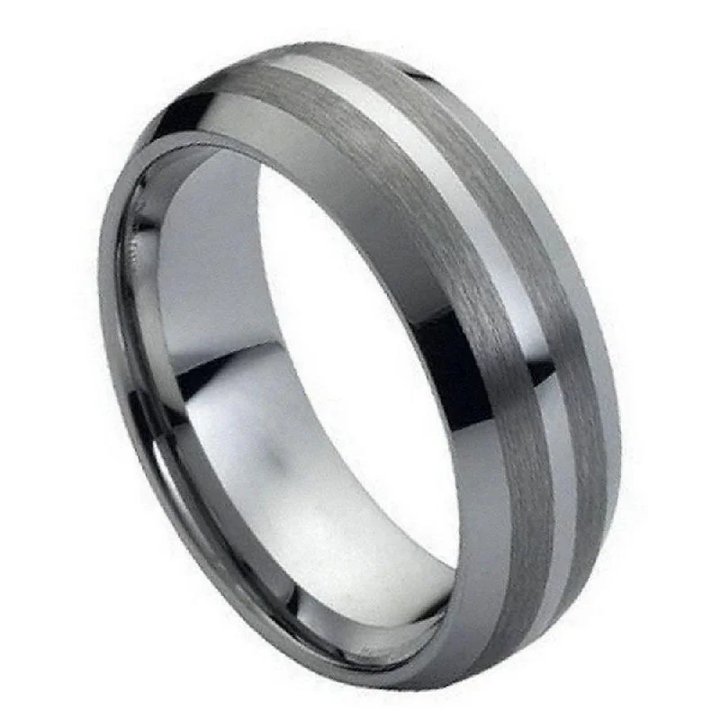 Grooved rim ring-Brushed Men's Tungsten Ring with Polished Shiny Center - 8mm