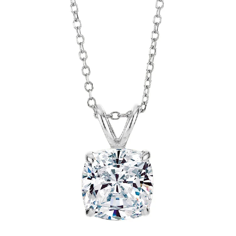 Carved groove necklace-Cushion solitaire pendant with 2 carat* diamond simulant in 10 carat white gold