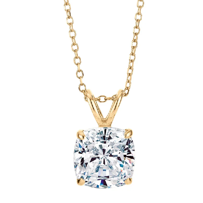 Nailed design necklace-Cushion solitaire pendant with 2 carat* diamond simulant in 10 carat yellow gold