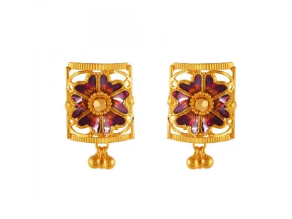 Wave-shaped zircon earrings-Distinctively Designed Flower Shape 22k Gold Earrings In Meenakari Style