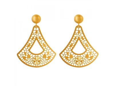 Carved groove earrings-Eccentric 22k Jali Work Triangular Floral Gold Earrings