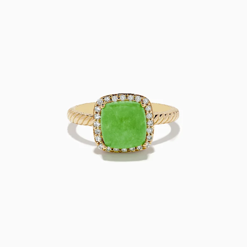 Oval-cut zircon ring-14K Yellow Gold Jade and Diamond Ring