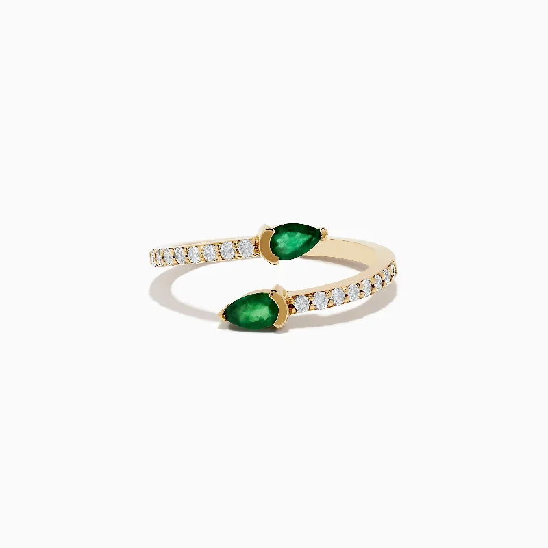 Polished gem ring-14K Yellow Gold Emerald and Diamond Bypass Ring