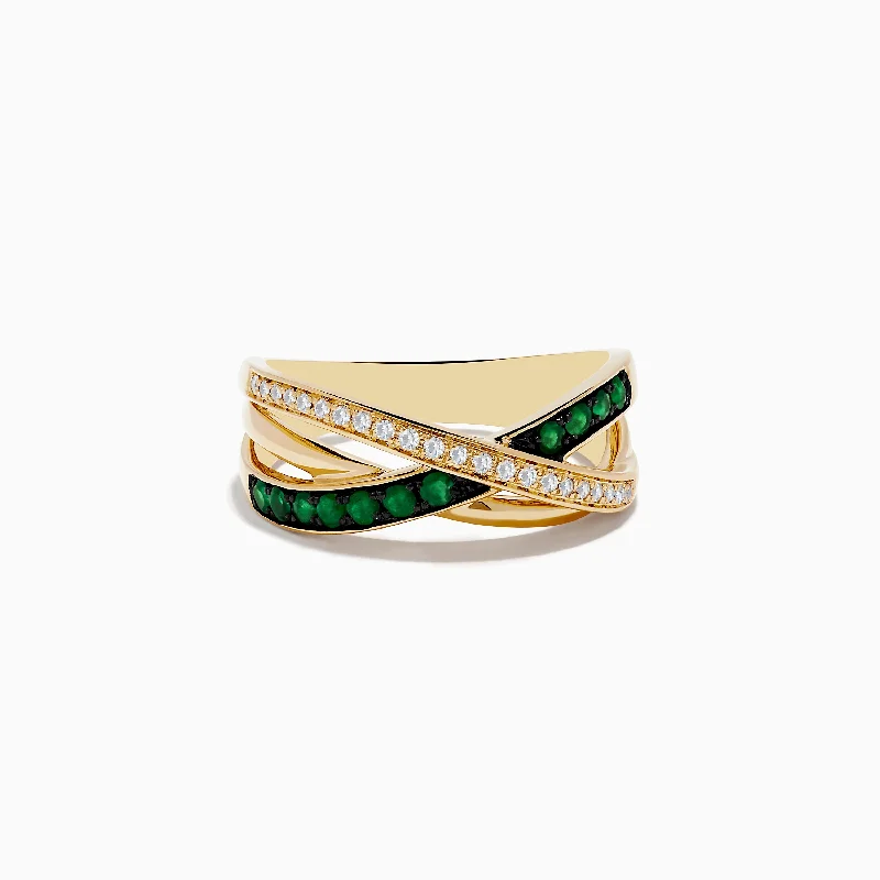 Vintage flair ring-14K Yellow Gold Emerald and Diamond Crossover Band