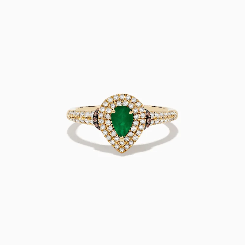 Twisting vine ring-Brasilica 14K Yellow Gold Emerald, White and Espresso Diamond Ring