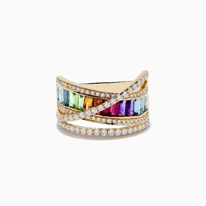 Frilled rim ring-Mosaic 14K Yellow Gold Semi Precious and Diamond Crossover Ring