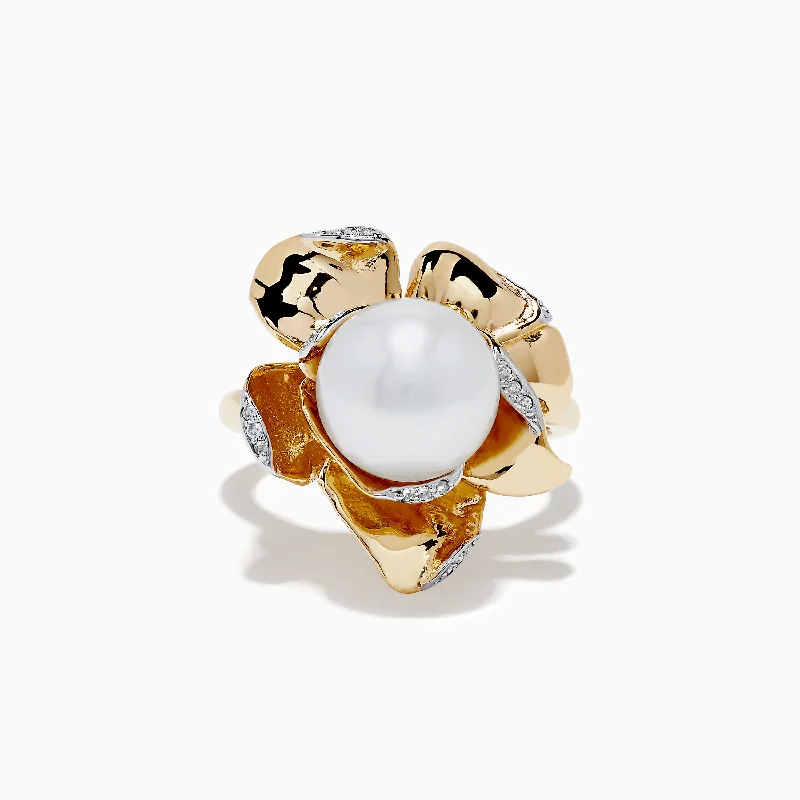 Cushion-cut ruby ring-Pearl 14K Yellow Gold Pearl and Diamond Flower Ring