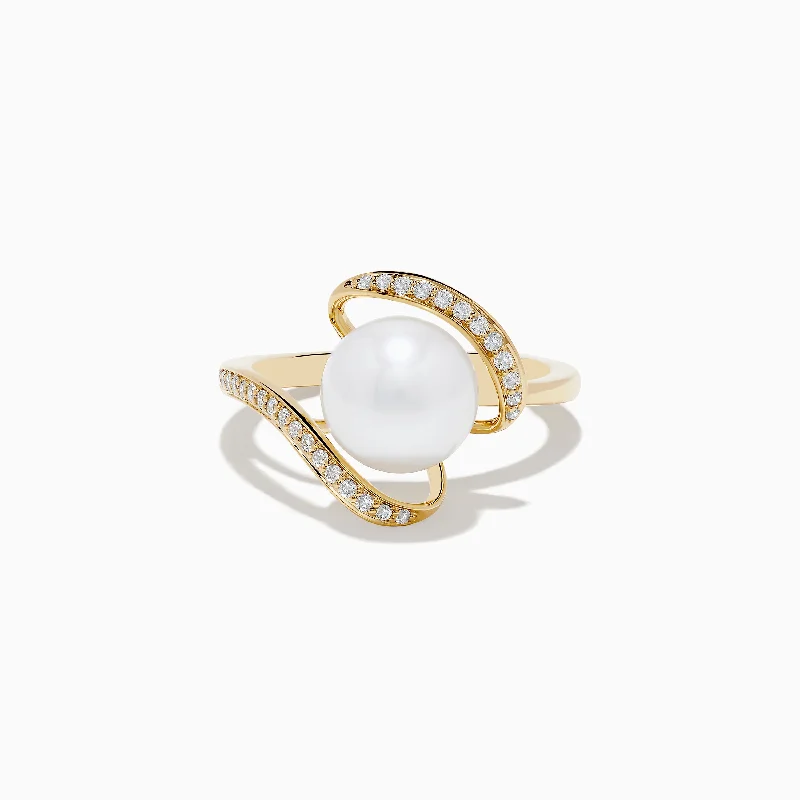 Basil sprig ring-Pearl 14K Yellow Gold Pearl and Diamond Ribbon Ring