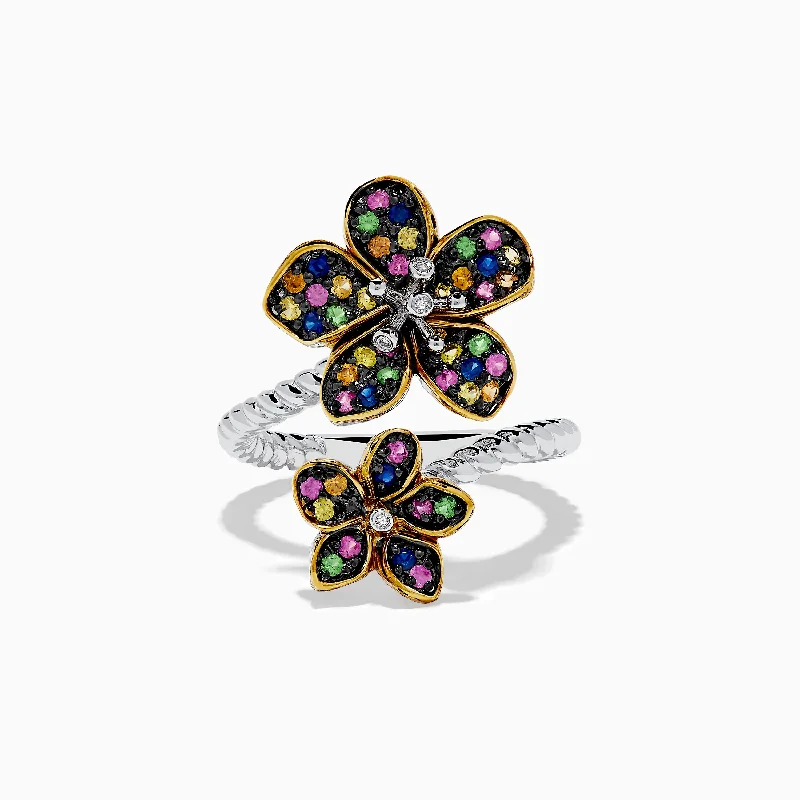 Silk strip ring-Splash Sterling Silver Diamond and Mulit Sapphires Flower Ring