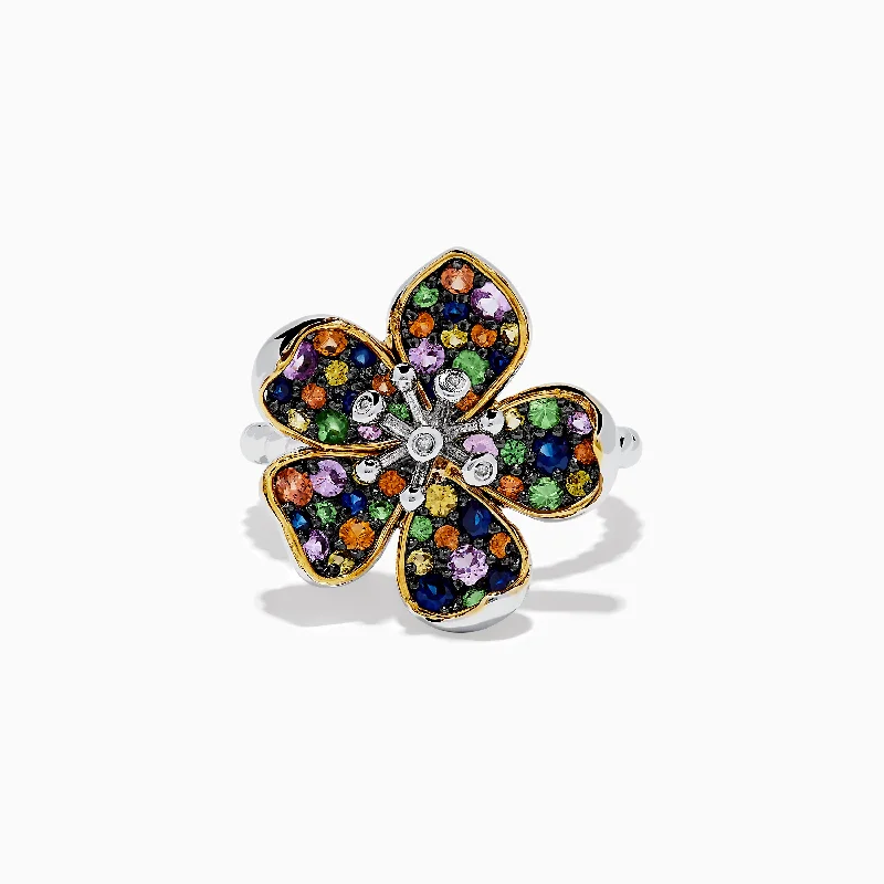 Rough-hewn ring-Splash Sterling Silver Diamond and Mulit Sapphires Flower Ring