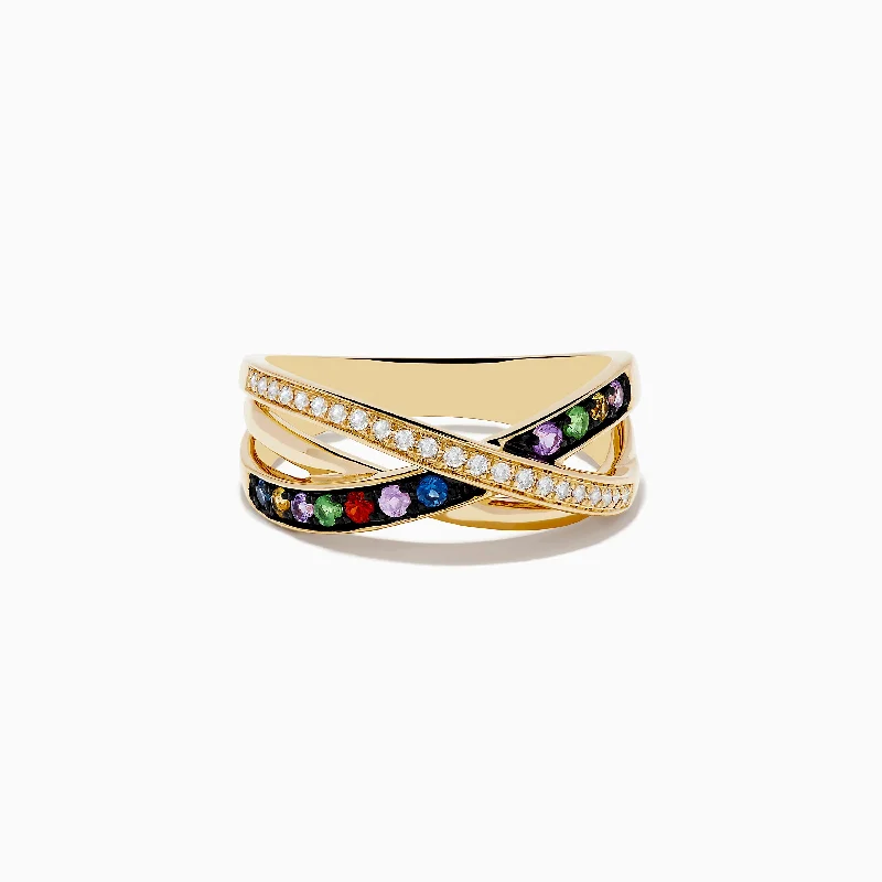 Hammered wedding ring-Watercolors 14K Yellow Gold Multi Sapphire and Diamond Ring