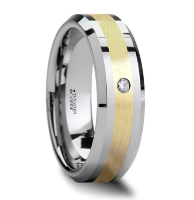 Oak twig ring-FABIAN 14K Gold Inlaid Beveled Tungsten Ring with Diamond - 8mm