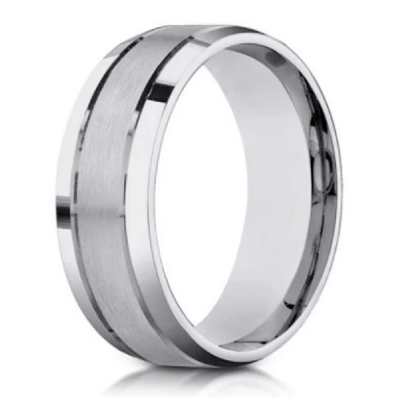 Stellar shine ring-Designer Satin-Finished 10K White Gold Wedding Band with Polished Beveled Edges | 6mm