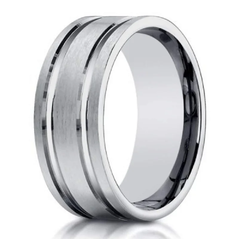 Tribal badge ring-Designer Men's 10K White Gold Ring With Polished Lines | 8mm