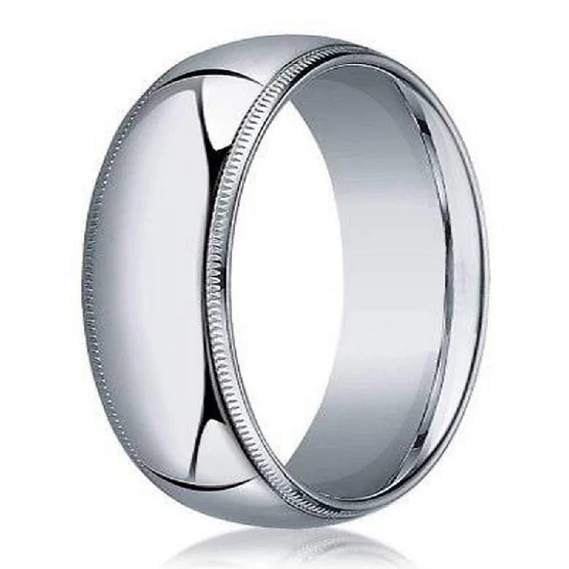 Iris flower ring-Milgrained Men's Designer Wedding Band in 18K White Gold | 8mm